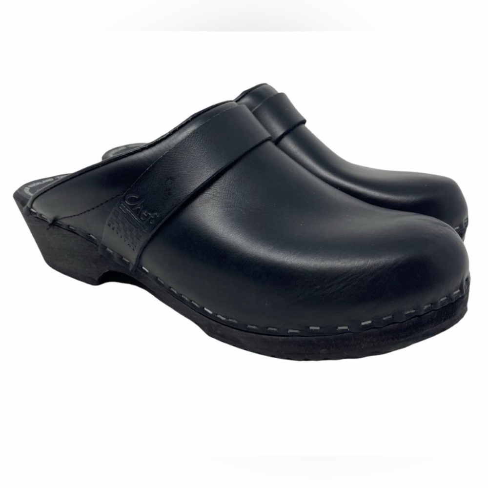 Troentorp Women's 9 Chef Revival Traditional Clogs Wood Sole Black Leather Slip